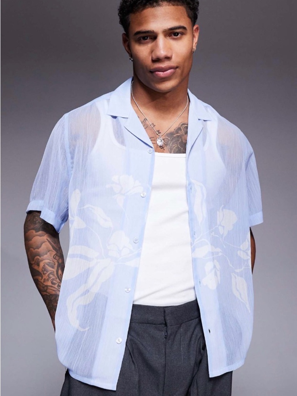 ASOS Camp Collar Boxy Sheer Shirt with Floral Print